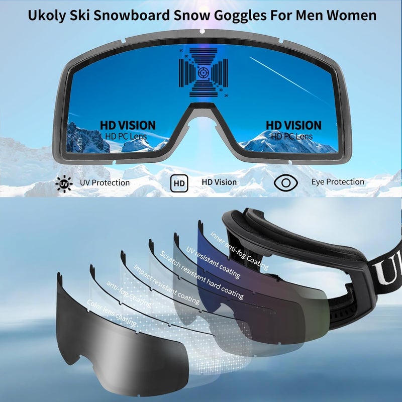 Ukoly Ski/Snowboard Goggles for Men Women, Snow Goggles HD Lens Anti-Fog Coating OTG Design UV400 Protection Windproof - Image 4